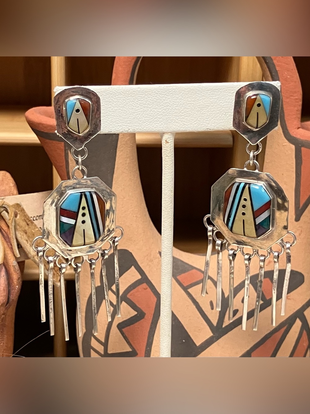 Stunning Vintage Zuni Native American Sterling Silver Chandelier Dangle Earrings